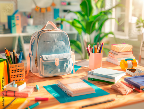 Wallpaper Mural Organized Desk with Blue Backpack and School Supplies in Sunlit Classroom Torontodigital.ca