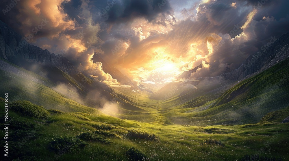 Obraz premium A dramatic sky with the sun's rays breaking through the dark clouds and casting an enchanting glow on the landscape below. The grassy meadow below is bright and lush.