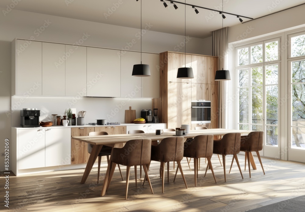 Modern kitchen with white cabinets, wooden walls and a dining table Modern kitchen with white cabinets, wooden walls and a dining table