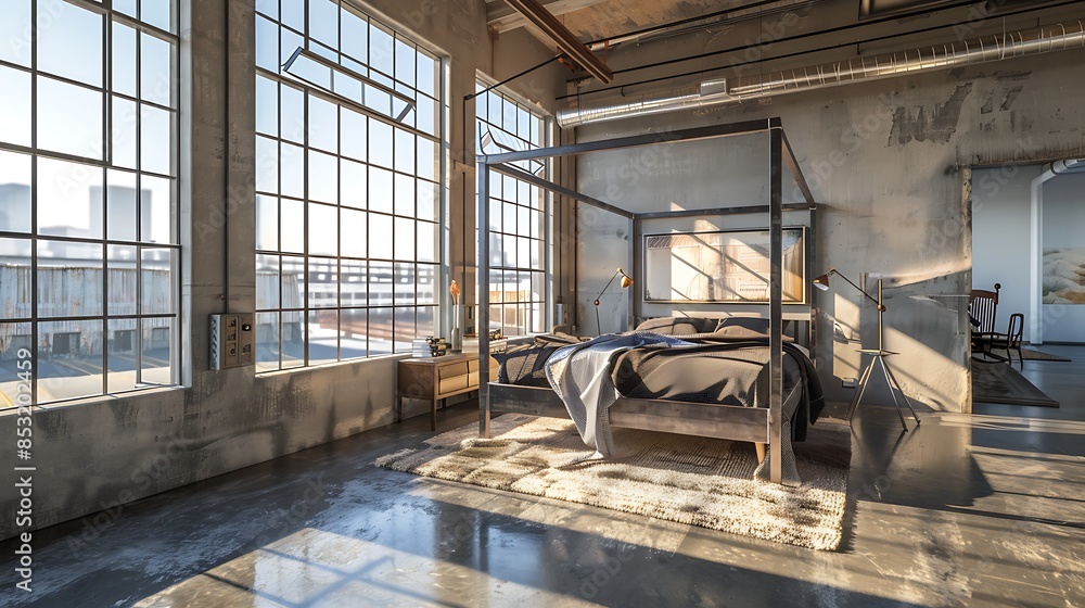 loft-style bedroom with concrete floors, a metal four-poster bed, and large windows with steel frames
