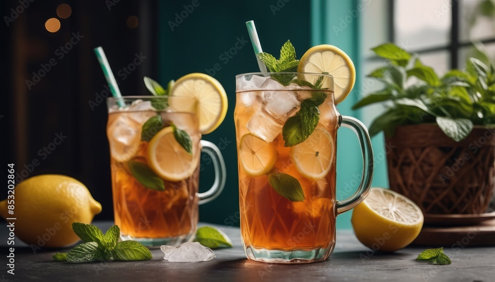 Quench your thirst with a glass of iced tea, featuring lemon slices and mint leaves, complemented by fresh lemons for a perfect summer refreshment Quench your thirst with a glass of iced tea, featuring lemon slices and mint leaves, complemented by fresh lemons for a perfect summer refreshment