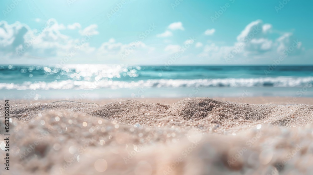 A summer beach with sandy shores and a blurred sea in the background. A summer beach with sandy shores and a blurred sea in the background.