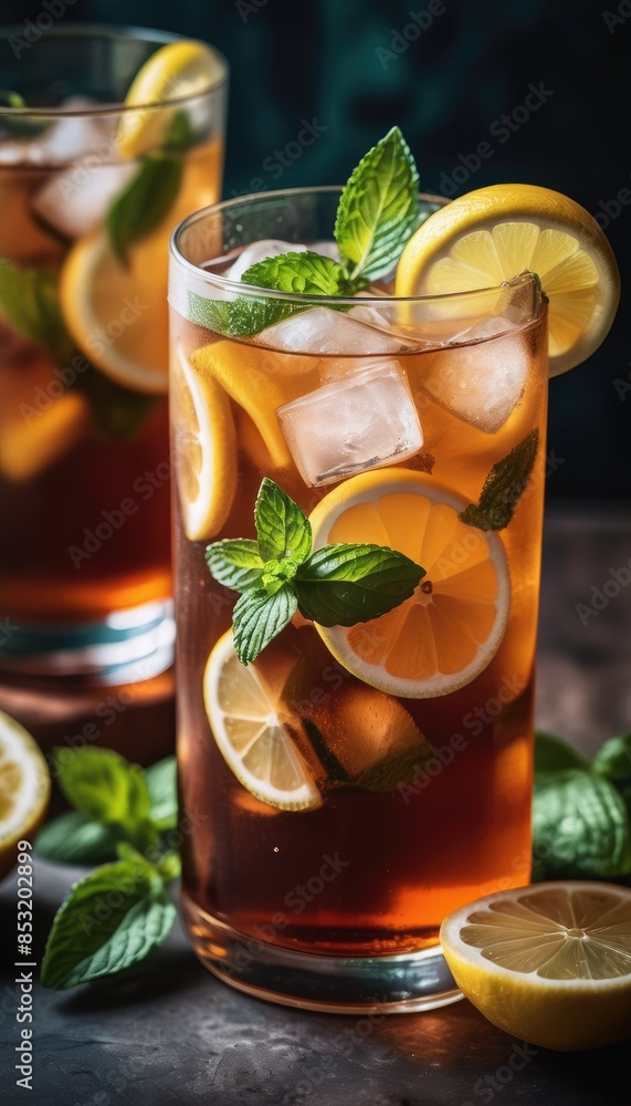 A cooling beverage of iced tea, enhanced with lemon and mint, set against a backdrop of fresh lemons and mint leaves for a refreshing experience A cooling beverage of iced tea, enhanced with lemon and mint, set against a backdrop of fresh lemons and mint leaves for a refreshing experience