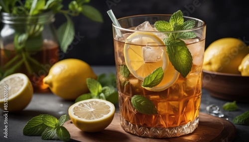 Quench your thirst with a glass of iced tea, featuring lemon slices and mint leaves, complemented by fresh lemons for a perfect summer refreshment