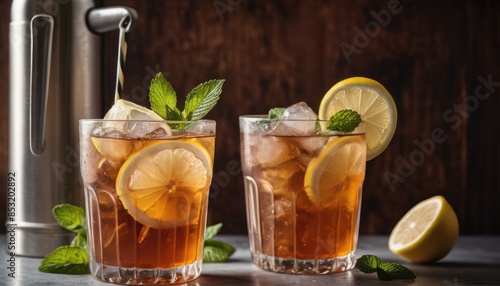 A delightful glass of iced tea garnished with lemon slices and mint, paired with fresh lemons and mint leaves, ideal for a hot day