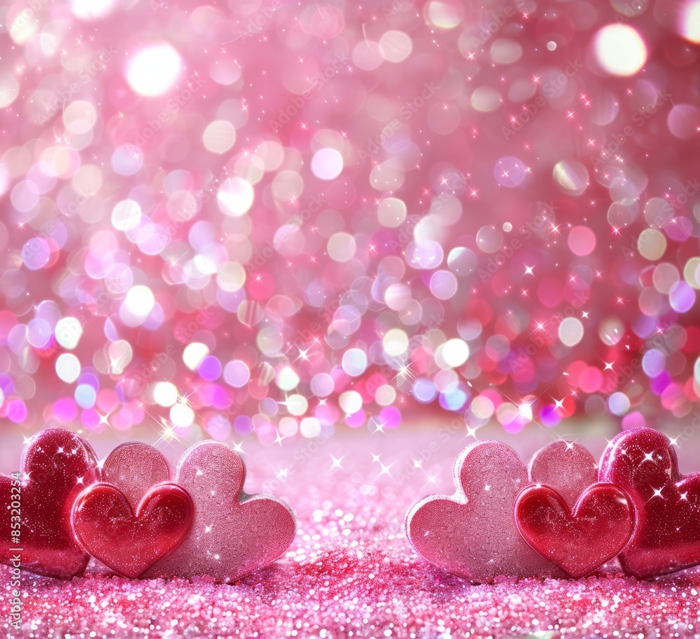 A Valentine's Day background with pink and red hearts, sparkling lights, and glittering sparkles on the ground A Valentine's Day background with pink and red hearts, sparkling lights, and glittering sparkles on the ground