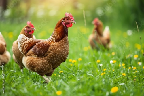 View from beside body of a three Sussex chicken standing on grass, Awe-inspiring, Full body shot ::2 low Angle View