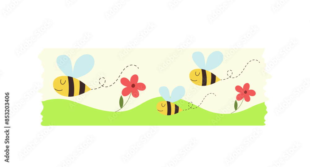 Decorative washi tape with cute honey bee insects design flying over meadow vector illustration Decorative washi tape with cute honey bee insects design flying over meadow vector illustration