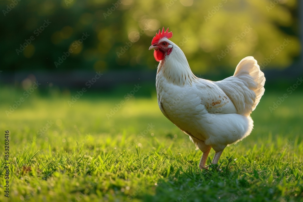 View from side body of a Leghorn chicken standing on grass, Awe-inspiring, Full body shot ::2 Side Angle View View from side body of a Leghorn chicken standing on grass, Awe-inspiring, Full body shot ::2 Side Angle View