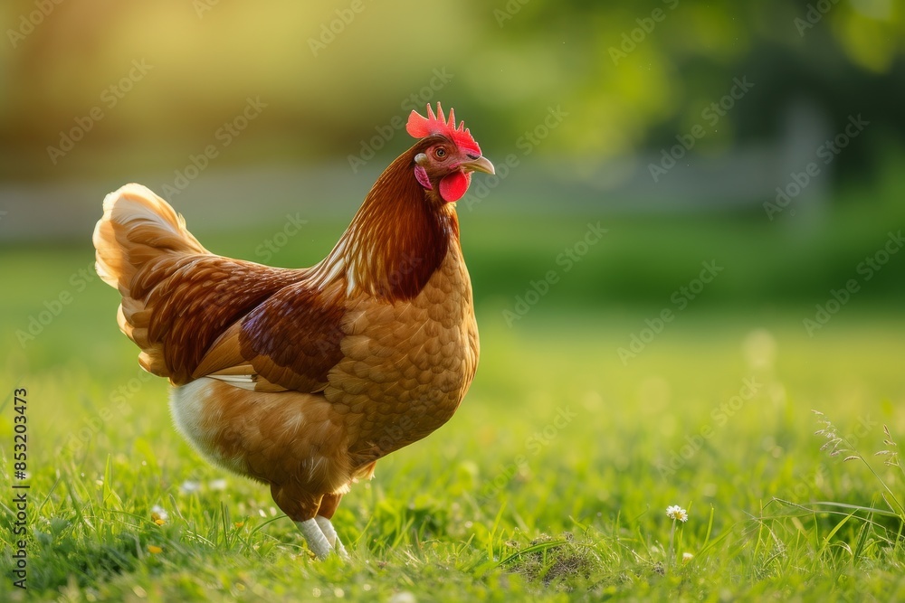 Fototapeta premium View from side body of a Orpington chicken standing on grass, Awe-inspiring, Full body shot ::2 Side Angle View