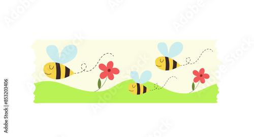 Decorative washi tape with cute honey bee insects design flying over meadow vector illustration