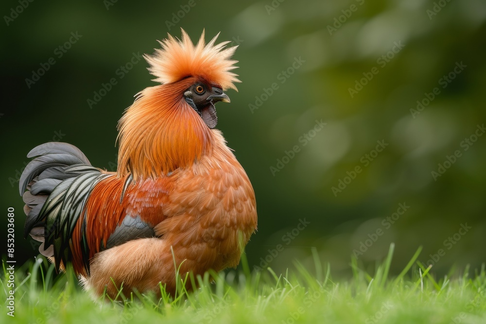 Fototapeta premium View from side body of a Silkie chicken standing on grass, Awe-inspiring, Full body shot ::2 Side Angle View