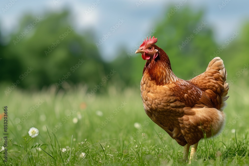 Fototapeta premium View from side body of a Rhode Island Red standing on grass, Awe-inspiring, Full body shot ::2 Side Angle View