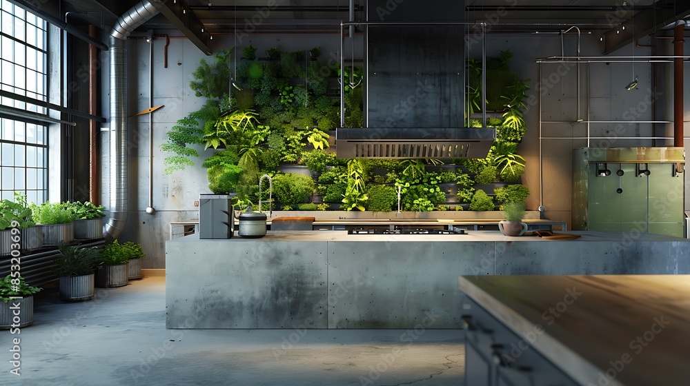 loft kitchen with a large concrete island, a metal range hood, and a wall of green plants in industrial-style planters loft kitchen with a large concrete island, a metal range hood, and a wall of green plants in industrial-style planters