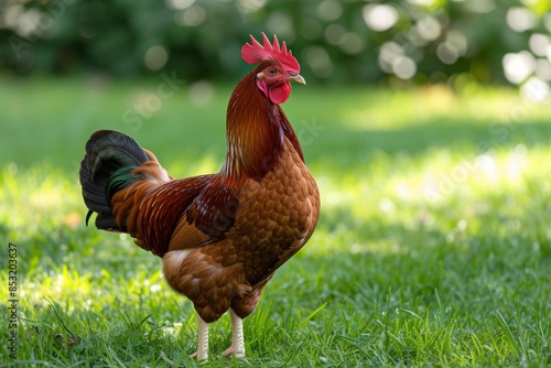 View from side body of a Rhode Island Red standing on grass, Awe-inspiring, Full body shot ::2 Side Angle View photo