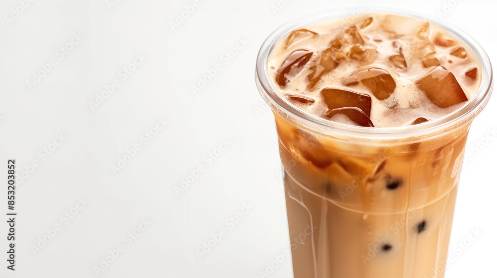 Close up of an ice coffee boba in plastic cup with white background, top view. Iced latte or cappuccino with milk and brown sugar on the surface Close up of an ice coffee boba in plastic cup with white background, top view. Iced latte or cappuccino with milk and brown sugar on the surface