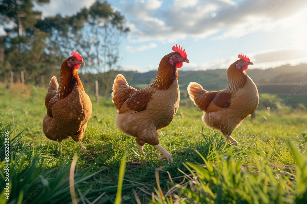 Fototapeta premium View from side body of a three Brahma chicken standing on grass, Awe-inspiring, Full body shot ::2 Side Angle View