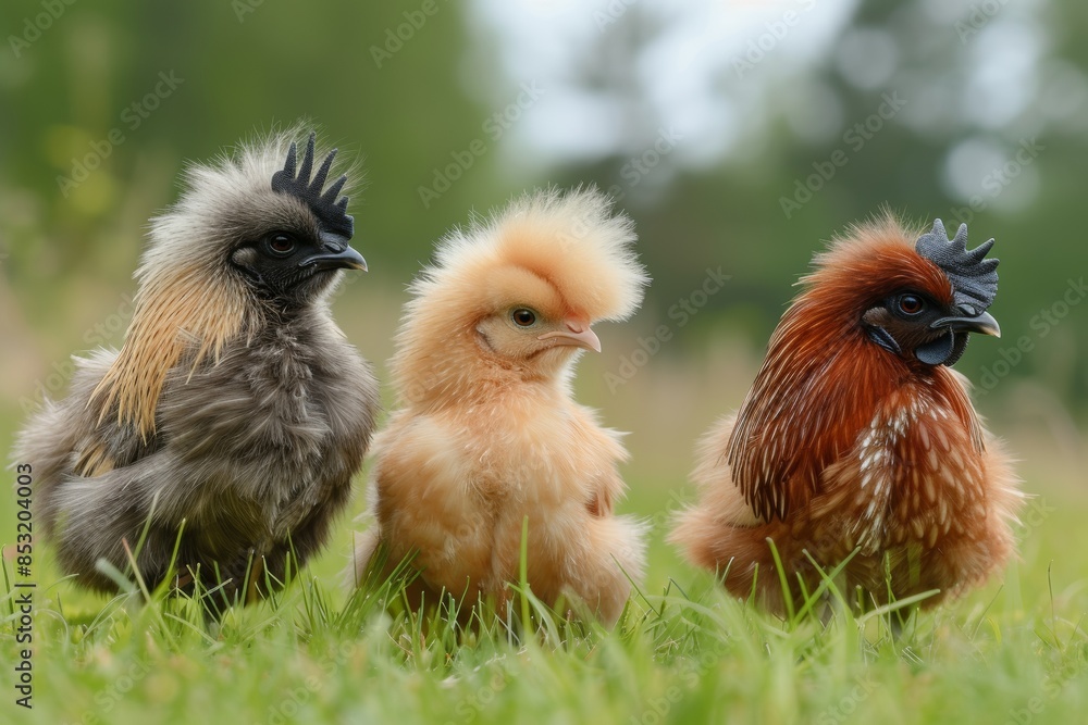 Fototapeta premium View from side body of a three Silkie chicken standing on grass, Awe-inspiring, Full body shot ::2 Side Angle View