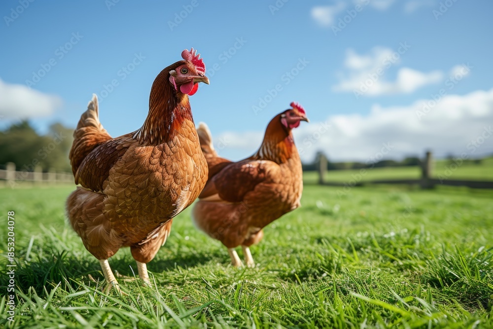 Fototapeta premium View from side body of a three Sussex chicken standing on grass, Awe-inspiring, Full body shot ::2 Side Angle View