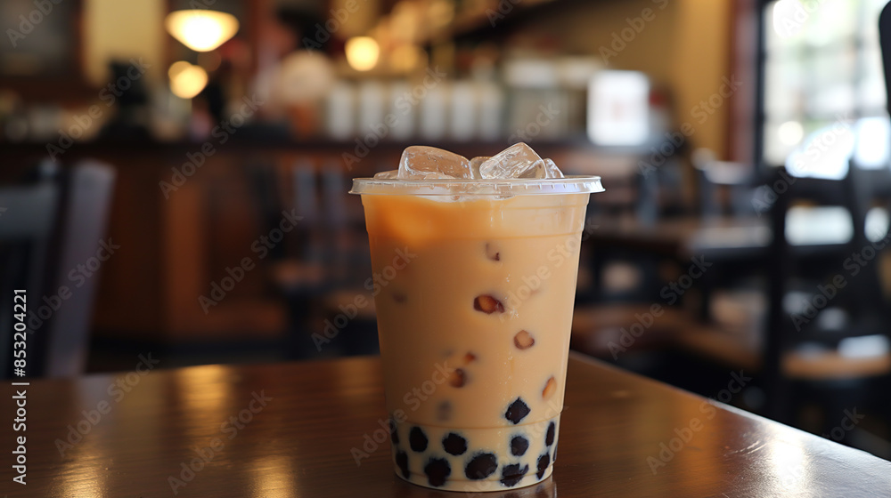 A cup of boba tea with ice cubes in a plastic glass is placed on an oak table, with dark brown milk and black pearls inside it. The background features wood furniture and a blurred coffee shop A cup of boba tea with ice cubes in a plastic glass is placed on an oak table, with dark brown milk and black pearls inside it. The background features wood furniture and a blurred coffee shop