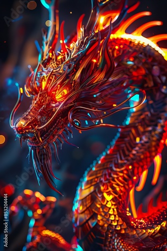 A dragon with glowing eyes and bright colors. © VISUAL BACKGROUND