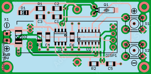 Vector printed circuit board of electronic 
device with components of radio elements, 
conductors and contact pads placed on pcb. 
Engineering technical drawing.