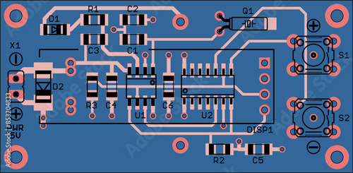 Vector printed circuit board of electronic 
device with components of radio elements, 
conductors and contact pads placed on pcb. 
Engineering technical drawing.