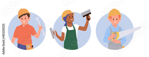 Happy smiling builder, construction worker, repairer cartoon character round composition set