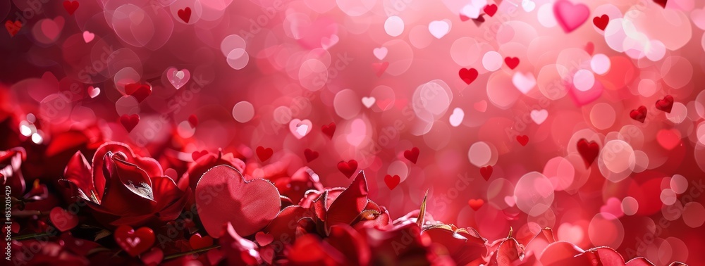A Valentine's Day background with red roses and heart-shaped bokeh lights A Valentine's Day background with red roses and heart-shaped bokeh lights