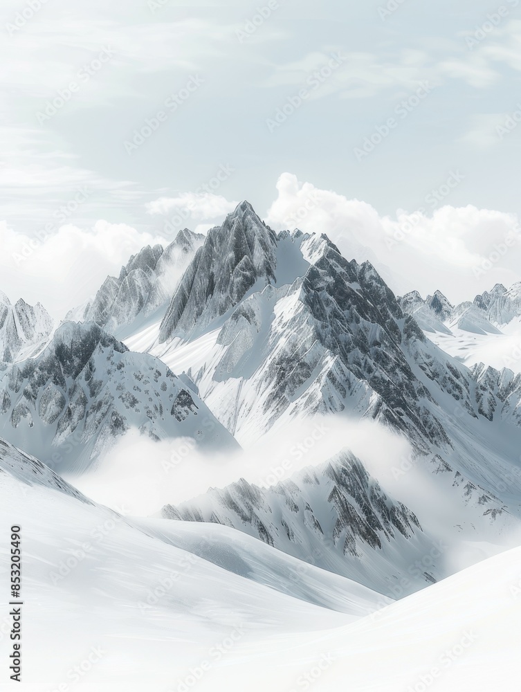 Fototapeta premium Snow-covered mountain range with sharp, jagged peaks. Misty clouds hover around the peaks, creating a serene and ethereal atmosphere under a pale blue sky.