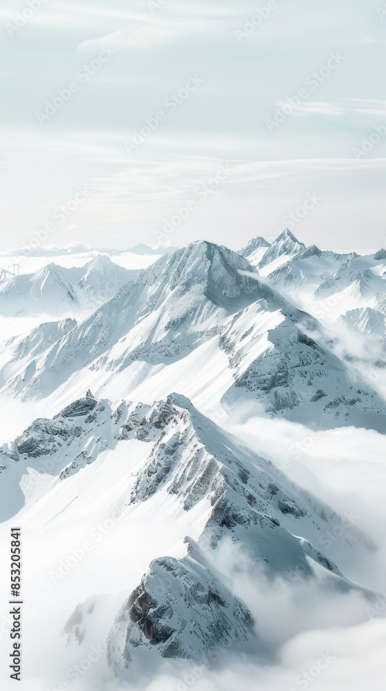 Aerial view of snow-covered mountain peaks piercing through a sea of clouds under a serene blue sky, showcasing the majestic and pristine beauty of the alpine wilderness. Aerial view of snow-covered mountain peaks piercing through a sea of clouds under a serene blue sky, showcasing the majestic and pristine beauty of the alpine wilderness.