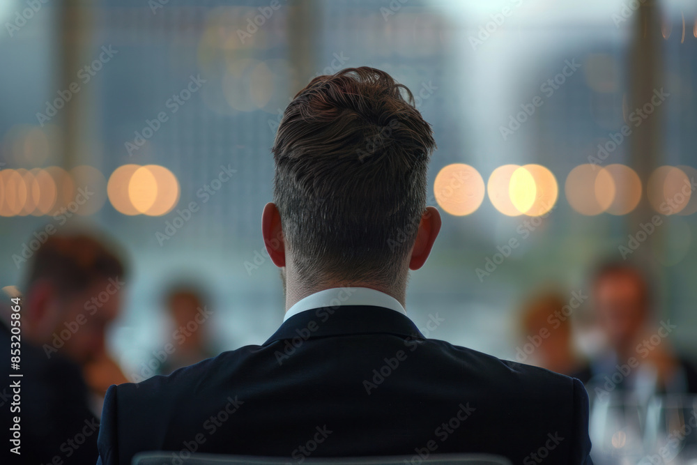 Businessman Sitting at a Conference Table in a Modern Office with Cityscape View Businessman Sitting at a Conference Table in a Modern Office with Cityscape View