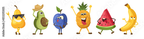 Happy fruits funny cartoon characters cute flat food emoticons vector illustration isolated set