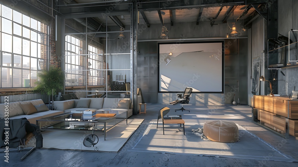 modern industrial living room with a metal and glass divider separating the workspace, featuring a large projector screen and concrete accent walls modern industrial living room with a metal and glass divider separating the workspace, featuring a large projector screen and concrete accent walls