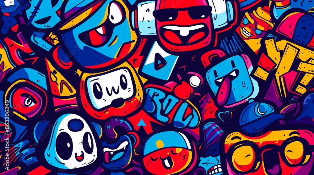 Obraz premium A colorful illustration of many different cartoon characters.