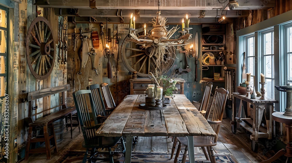 Fototapeta premium rustic dining room with a reclaimed wood table, mismatched chairs, and a chandelier made from an old wagon wheel, with walls decorated with vintage farm tools