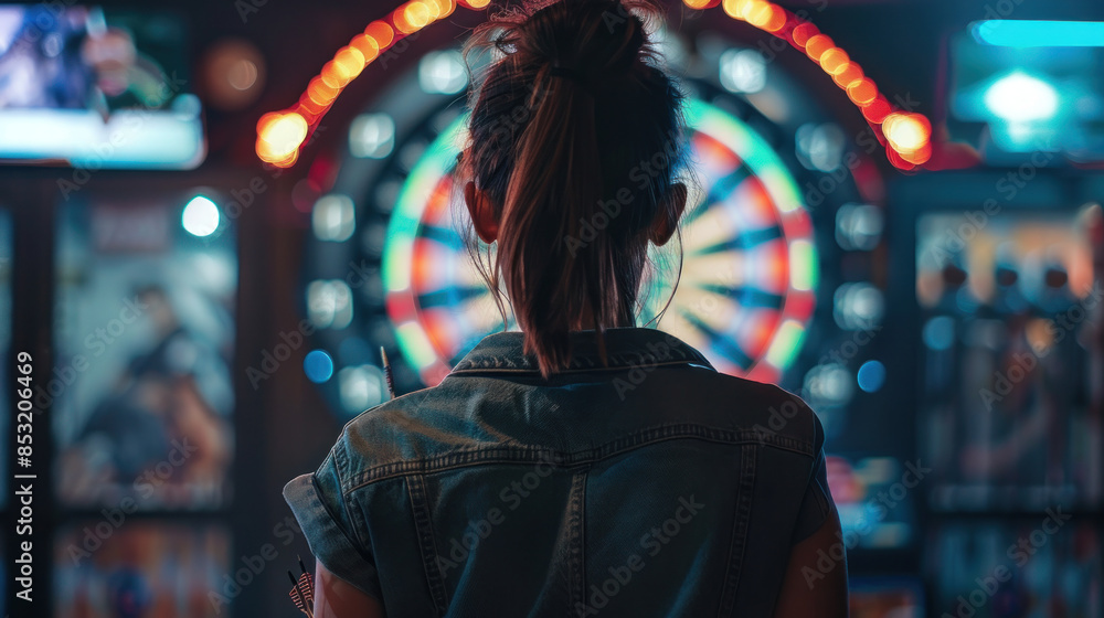Woman Playing Darts in a Dimly Lit Arcade with a Focus on Dartboard Woman Playing Darts in a Dimly Lit Arcade with a Focus on Dartboard