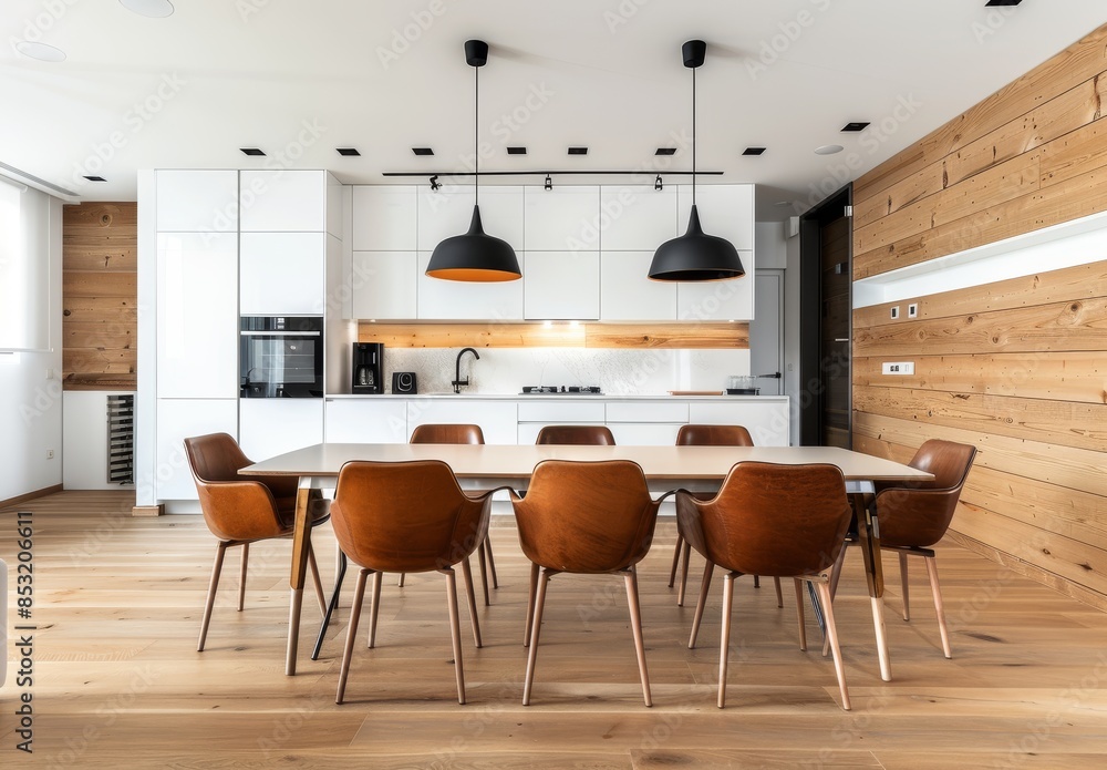 Modern kitchen with white cabinets, wooden walls and a dining table Modern kitchen with white cabinets, wooden walls and a dining table