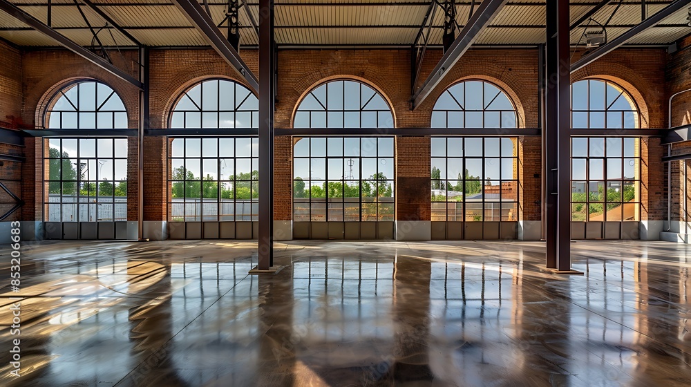 warehouse conversion featuring polished concrete floors, steel support columns, and large arched windows with metal frames warehouse conversion featuring polished concrete floors, steel support columns, and large arched windows with metal frames