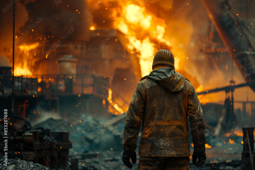 A Metallurgist Working Amidst Blazing Furnaces in a Steel Mill A Metallurgist Working Amidst Blazing Furnaces in a Steel Mill