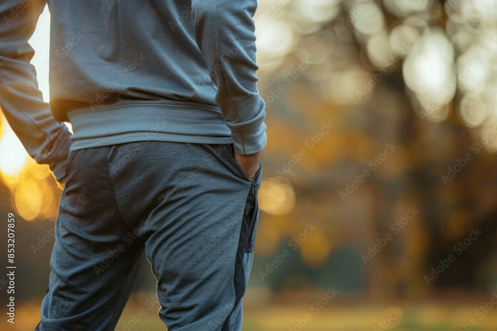 Fototapeta premium Man in Athletic Wear Standing Outdoors with Hands in Pockets During Autumn Sunset