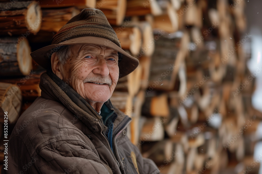 Elderly Man Wearing Brown Hat Smiles While Standing By Stack of Wood Elderly Man Wearing Brown Hat Smiles While Standing By Stack of Wood