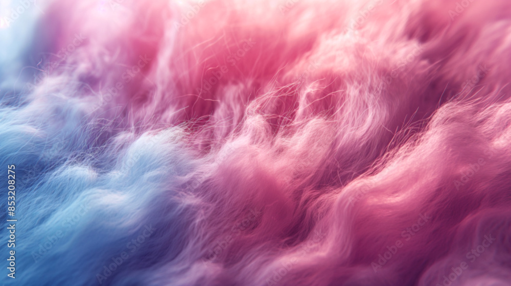 Obraz premium Fluffy pastel fur in pink and blue, close-up texture, perfect for background and visuals. Soft fur blending pink and blue tones, macro shot. Fluffy pastel fur in ethereal pink and blue hues