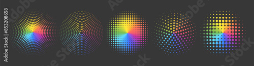 Abstract rainbow color circles with dots texture. Round dotted frames set with multi color gradient. Spotted spray or brush. Vector design element