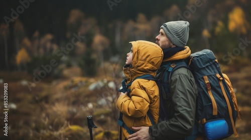 Wallpaper Mural A father and son, dressed in warm clothing and backpacks, enjoying a hike in a scenic forest during autumn Torontodigital.ca