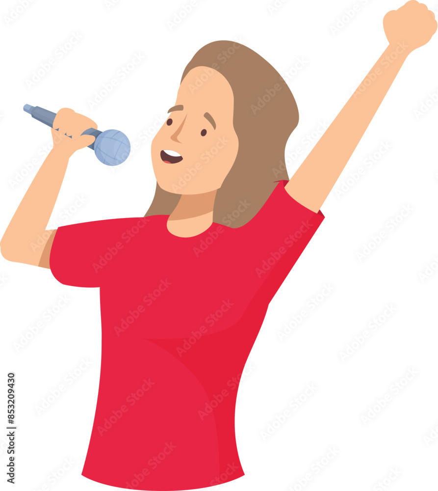 Young woman is singing with a microphone, raising her arm in the air Young woman is singing with a microphone, raising her arm in the air