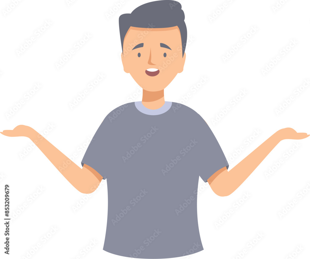 Happy male character is shrugging with raised arms, uncertainty and doubt concept Happy male character is shrugging with raised arms, uncertainty and doubt concept
