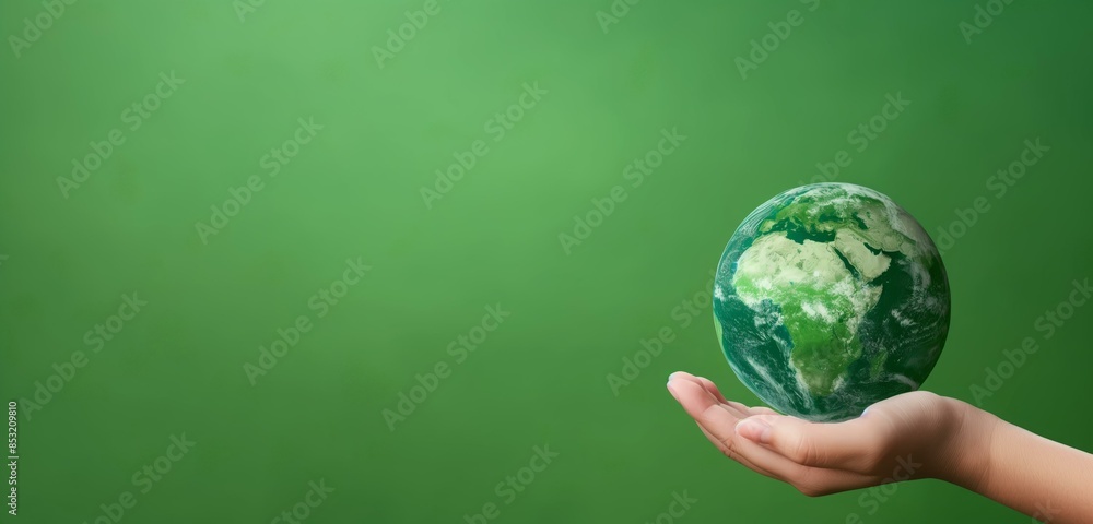A hand holding a small Earth against a vibrant green background symbolizing environmental conservation, global responsibility, and sustainability. A hand holding a small Earth against a vibrant green background symbolizing environmental conservation, global responsibility, and sustainability.