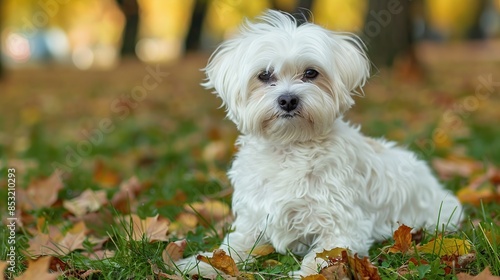 White Dog Sitting in Autumn Leaves