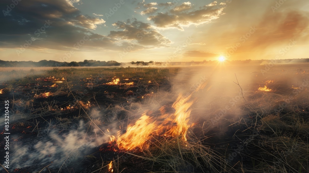 Fototapeta premium Large fire in the meadow Charred grass emitting smoke in the front